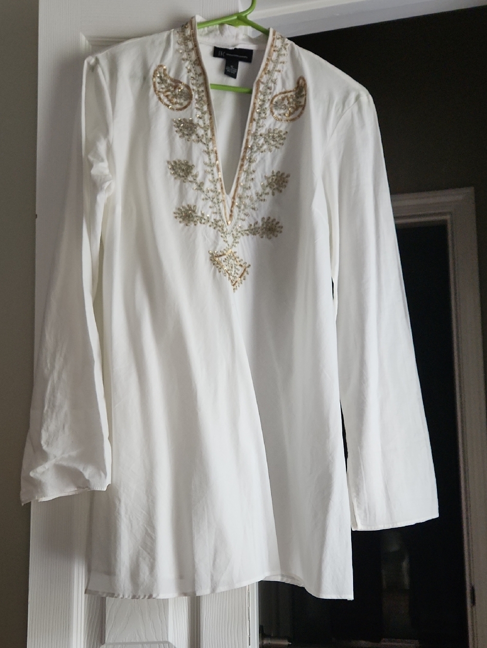 INC International Concepts White Tunic with Gold Embellished V-Neck
